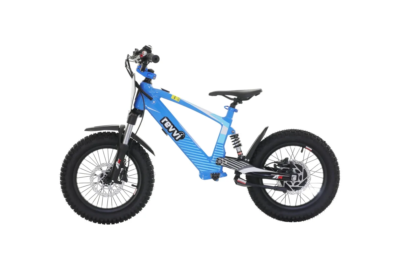 Revvi 16 inch XL electric kids bike in blue, side view